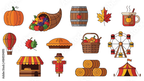 Autumn harvest festival elements set with pumpkin cornucopia pie and hot air balloon.
