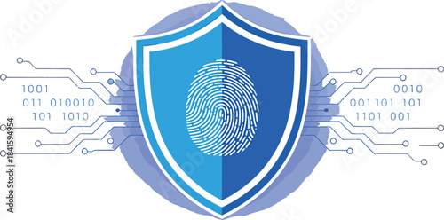 Vector illustration of shield with fingerprint, binary code, and circuit lines representing biometric authentication and cybersecurity protection.