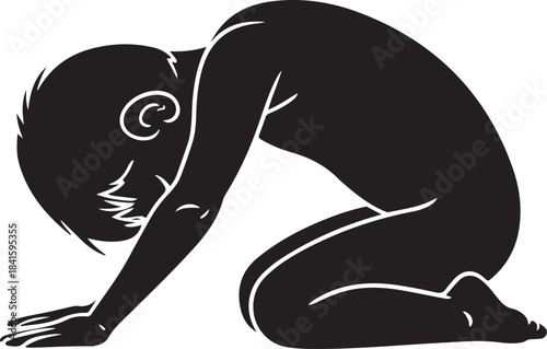 Silhouette of a child in a fetal position on a white background