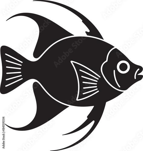 Silhouette of a black angelfish swimming isolated on white background