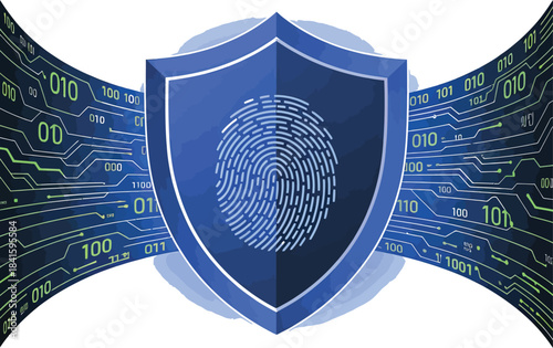 Vector illustration of blue shield with fingerprint, binary code, and circuit lines representing biometric cybersecurity and data protection.