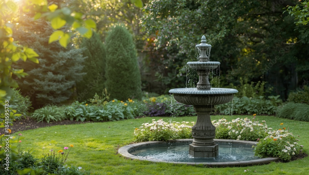 Obraz premium Ancient stone water fountain in a garden setting, traditional landscaping elements, Earth Day