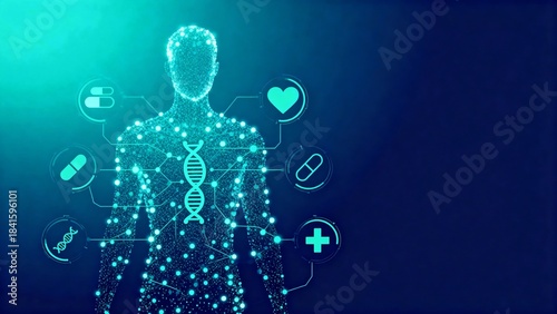Glowing digital human silhouette of dots with a central DNA icon and health HUD symbols on a blue gradient, depicting personalized medicine, genomics, AI diagnostics, and connected care.