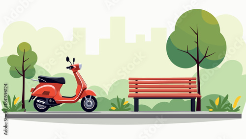 Red scooter near park bench in leafy city park illustration