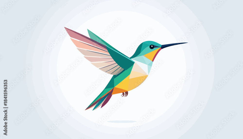 Fototapeta premium Vibrant geometric hummingbird illustration in flight with colorful polygonal design and spread wings.