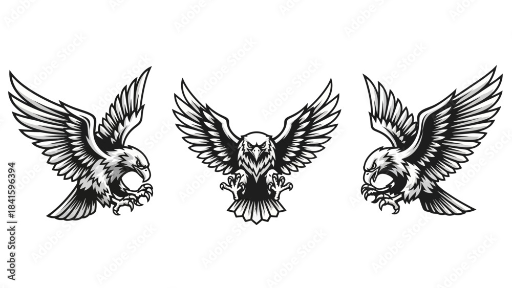 Fototapeta premium Stunning set of three aggressive bald eagle mascot emblems ready for dynamic sports team branding or powerful logo design