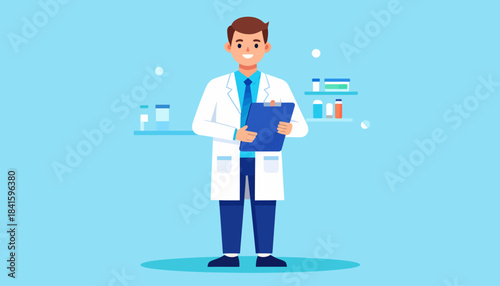 Male Doctor Holding Clipboard in Lab Coat.