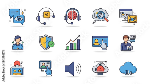 Collection of AI and Technology Icons Representing Digital Communication and Data Management.