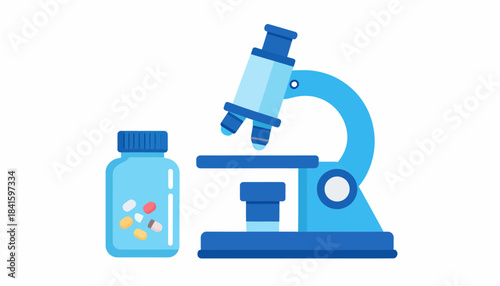 Blue microscope and a bottle of colorful pills on a white background, representing medical research and pharmaceutical development.