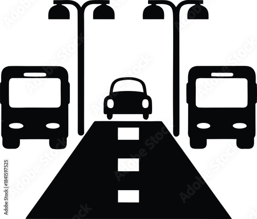 Black silhouette icon showing vehicles driving on a road with streetlights and traffic