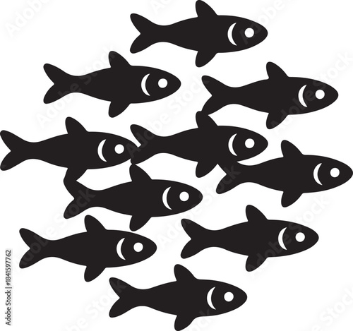 School of small black fish swimming together in a circular formation