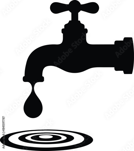 Black Silhouette of a Dripping Water Faucet Creating Ripples on a Surface