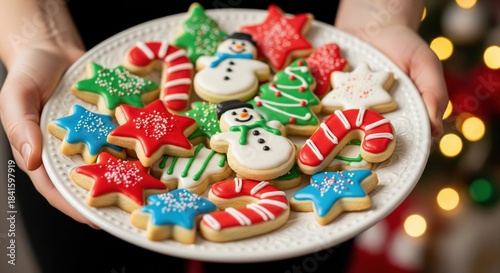 Festive Holiday Cookies on Plate with Christmas Decorations