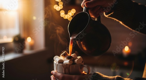 Warm Beverage with Marshmallows Being Poured in Cozy Setting