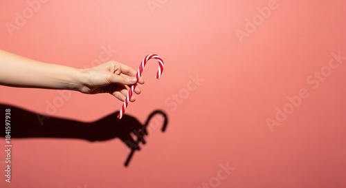 Hand Holding Candy Cane with Soft Shadows on Pink Background