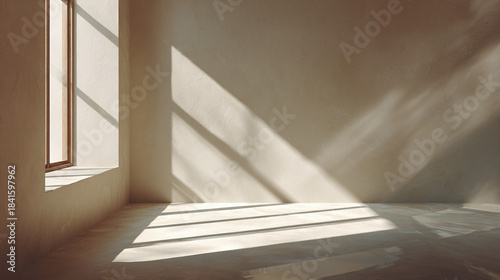 Sunlight and shadow create a pattern on a bare interior corner with a window