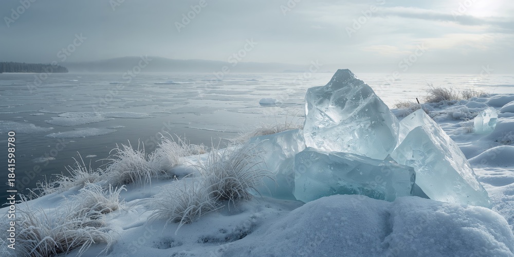 Obraz premium Ice blocks near a frozen lake in a winter landscape seasonal preservation, Earth Day
