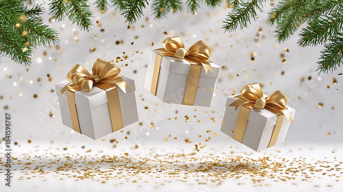 Gift boxes with golden ribbons floating with confetti and pine leaves in a festive scene.