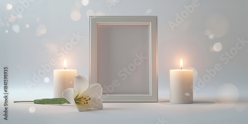 Wallpaper Mural Light background featuring a funeral frame with candles and lily flower, used for memorial service planning Torontodigital.ca