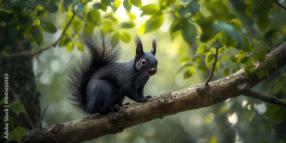 Obraz premium Dark-colored squirrel on tree limb, highlighting city nature interactions, World Wildlife Day