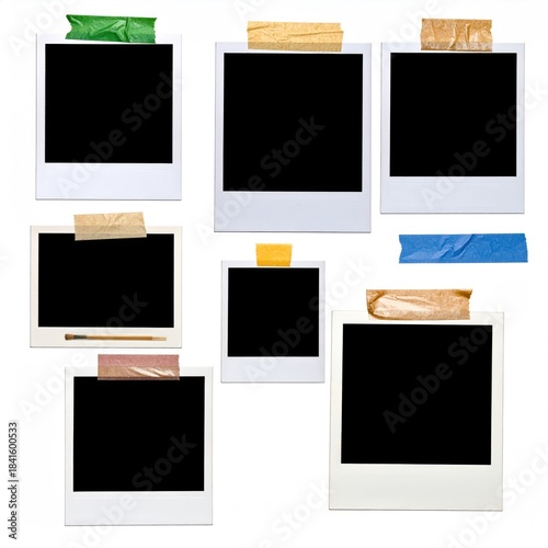 Blank photos taped to wall; nostalgic, vintage