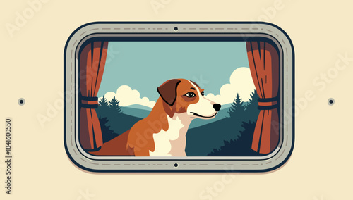 A cheerful beagle looks out from a camper window with mountains behind, concept of joyful travel dog looking out from camper window