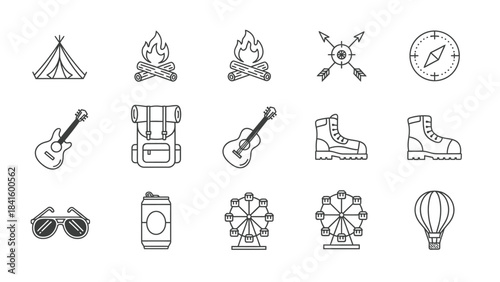 Collection of camping and outdoor adventure themed line art icons.