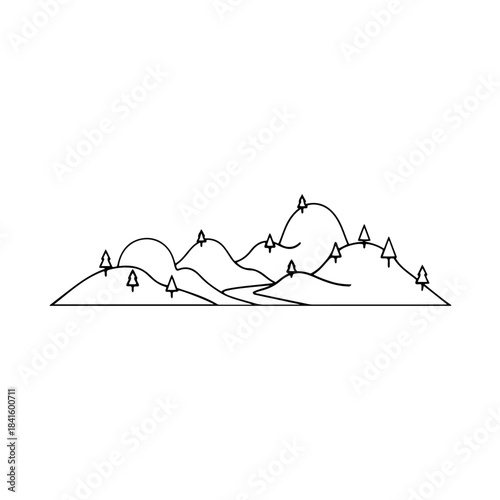 A black and white line art illustration of a serene mountain landscape featuring hills and trees isolated on transparent background