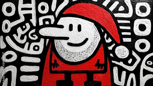 Personnage de Noël souriant avec bonnet rouge sur fond noir décoratif