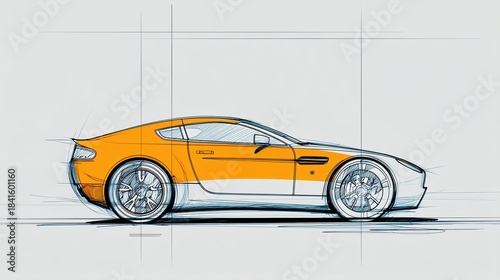Esquisse technique d'une voiture de sport orange et blanche élégante