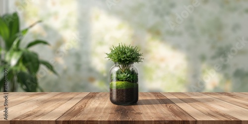 Blurred abstract background with lush green plants in a jar creating a self-sustaining ecosystem on table, plant care and sustainability