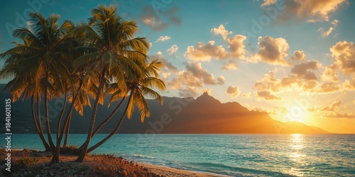 Scenic view of lush palm trees and mountain valleys by the ocean during golden hour, highlighting seasonal transition