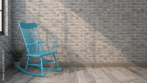 A vintage-style blue rocking chair placed near a brick wall inside a retro-themed room, useful as a background or UI element, World Design Day