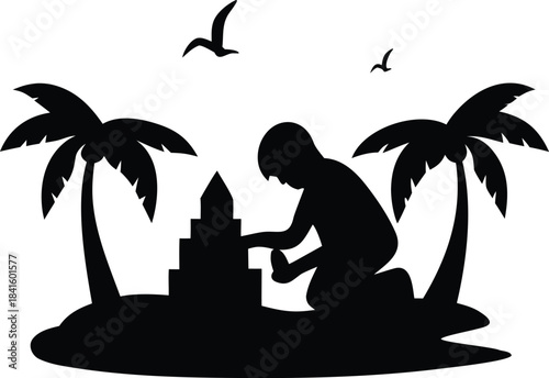 Child constructing a sandcastle on a sunny beach with palm trees and flying birds in the sky
