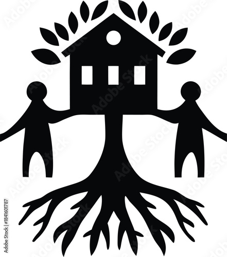 Children support a vibrant treehouse home with flourishing leaves and roots