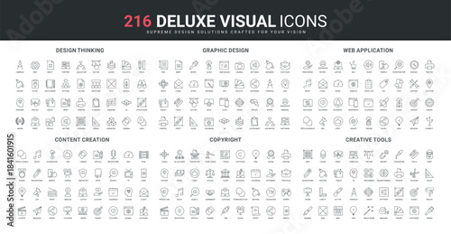 Music and video content creation by author, copyright protection, creative tools for graphic design line icon set. Designers thinking, web app support thin black outline symbols vector illustration