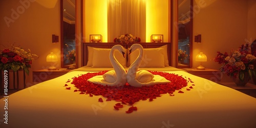 Luxury hotel honeymoon room featuring a swan-shaped bed with rose petals forming a heart, ambient yellow lighting enhances romantic atmosphere