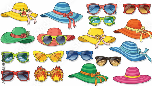 Collection of colorful summer hats and stylish sunglasses for a sunny day.