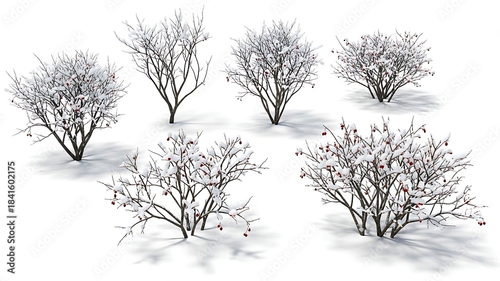 Obraz premium Set of Snow-Covered Winter Bushes, trees Isolated on White
