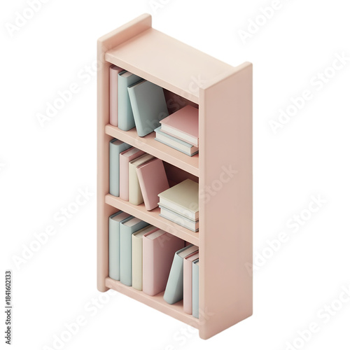 Minimalist pastel pink bookshelf filled with colorful books