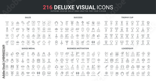 Success award, medal and bonus, different types of trophy cups, leadership challenge and focus on target line icon set. Business motivation, recognition thin black outline symbols vector illustration