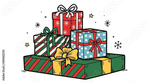 Colorful wrapped presents stacked with ribbons and bows on white background with snowflakes