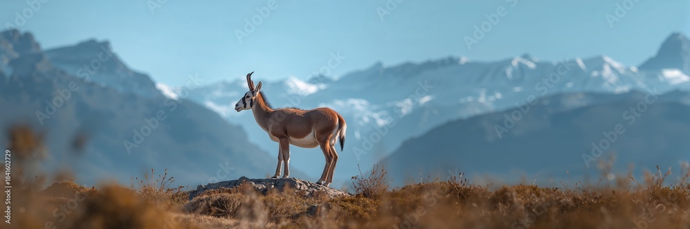 Naklejka premium Guanaco in a mountain landscape, natural habitat preservation