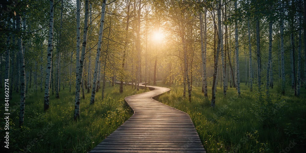 Fototapeta premium Pathway amid birch trees in the Moor, ecological stability and landscape conservation