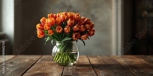 Indoor floral display with vibrant tulips in a vase on a wooden surface, suitable for layout design