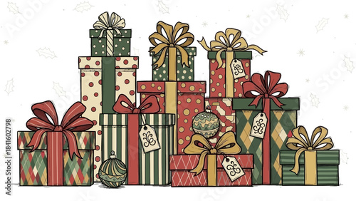Colorful wrapped christmas presents stacked high with ribbons and tags on white background with subtle snowflakes