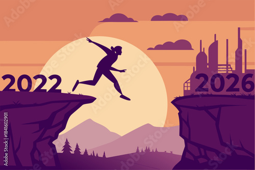 Silhouette of a man on the desert hill at sunset with vector illustration of mountains, sun, and orange sky