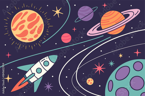 Cartoon vector seamless pattern of space travel with rockets, planets, stars, and the moon for a creative universe exploration illustration