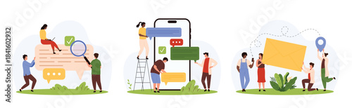 Online messages in chat, email in mailbox mobile application set. Tiny people send SMS in messenger on phone screen, holding speech bubble with digital text and envelope cartoon vector illustration