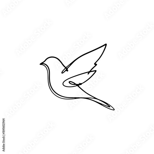 Minimalist continuous line art drawing of a peaceful bird in flight against a white background. isolated on transparent background